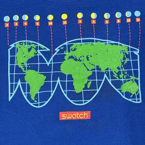 vintage 80's swatch watch sweatshirt blue pocket M (21" Pit To Pit) Graphic USA - Picture 2 of 14
